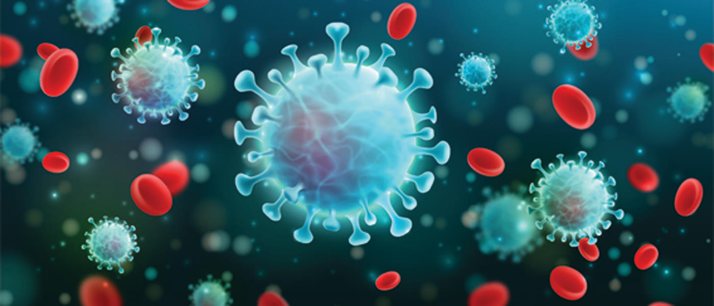 Photo of coronavirus with red and blue background