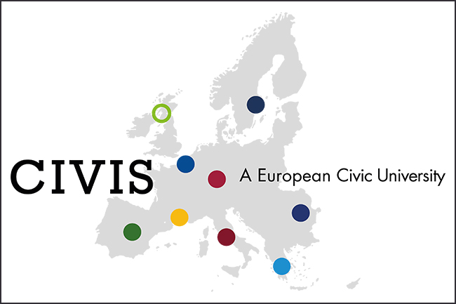 Logo representing the CIVIS alliance showing partner institutions as dots on a map of Europe