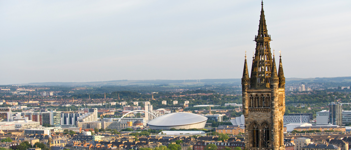 University tower with city of Glasgow in the background
