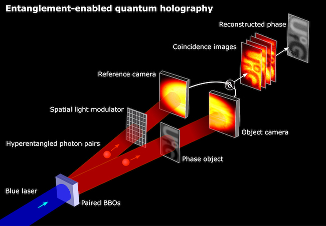 A diagram of the experimental setup which produces quantum holographs, demonstrating a blue laser passing through a nonlocal crystal to produce two parallel beams of photons which are used to produce holograms