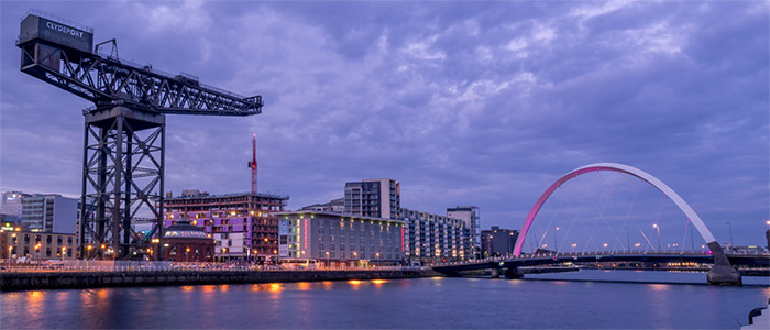 Image of Glasgow viewed from the river Clyde at night