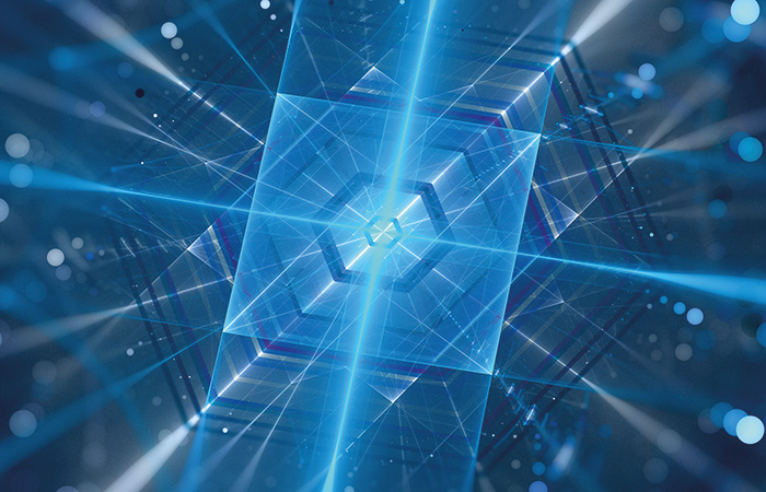 Blue glowing futuristic quantum processor, computer generated abstract background, 3D rendering