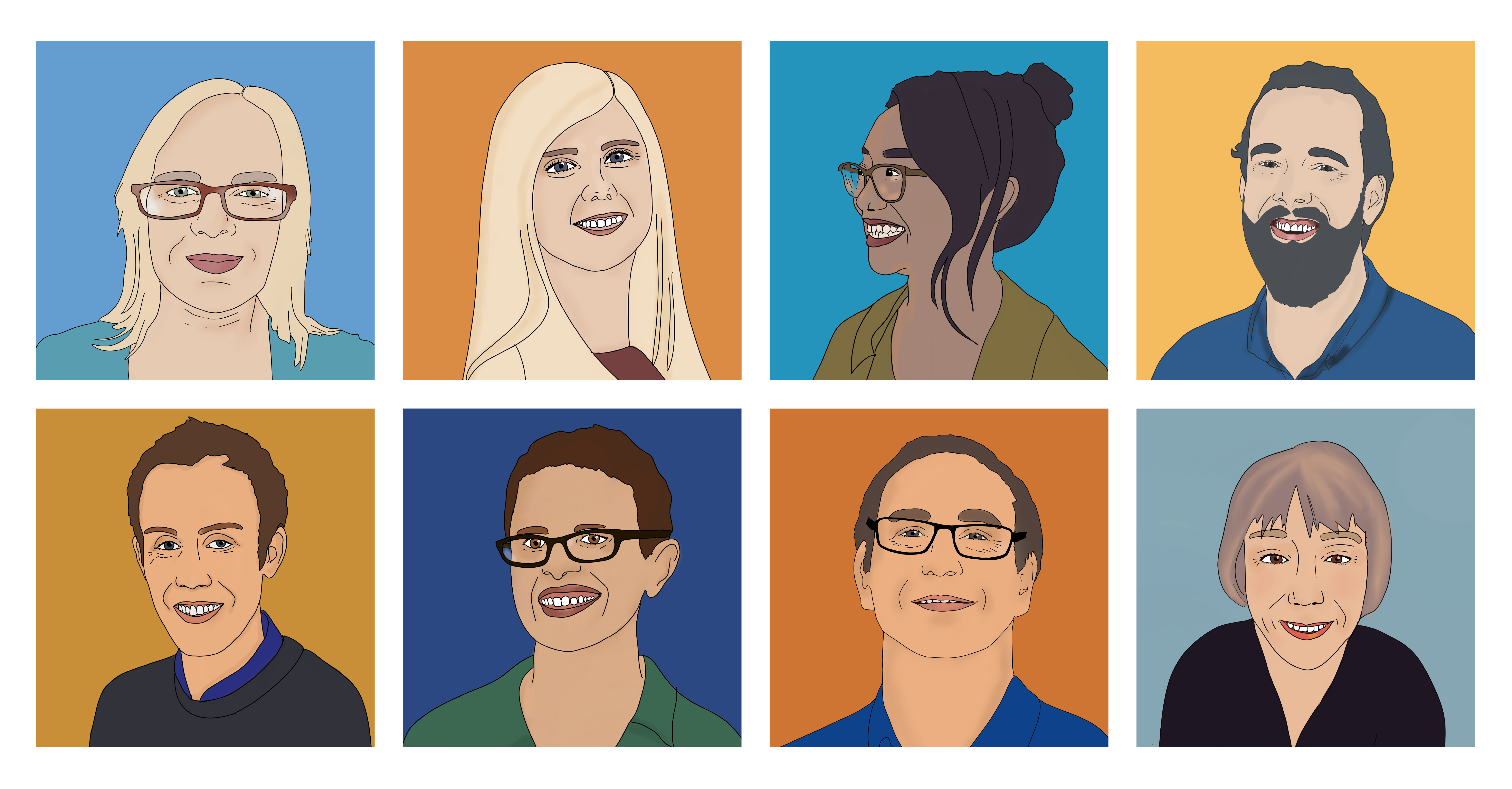 Two rows of simple illustrations of people on either yellow or blue background