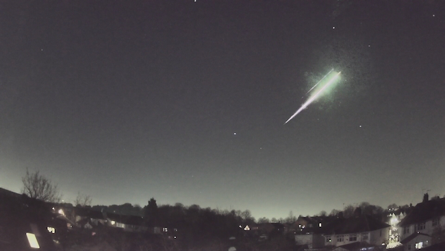 An image of the fireball which dropped the Winchcombe meteorite streaking across the night sky. From a video by Ben Stanley, processed by Markus Kempf, the AllSky7 network.