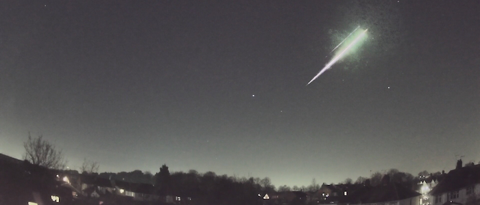 An image of the fireball that dropped the Winchcombe meteorite streaking across the night sky. From a video by Ben Stanley, processed by Markus Kempf, the AllSky7 network