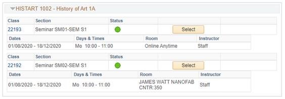 Screenshot from MyCampus showing the information visible to students when selecting subgroups.