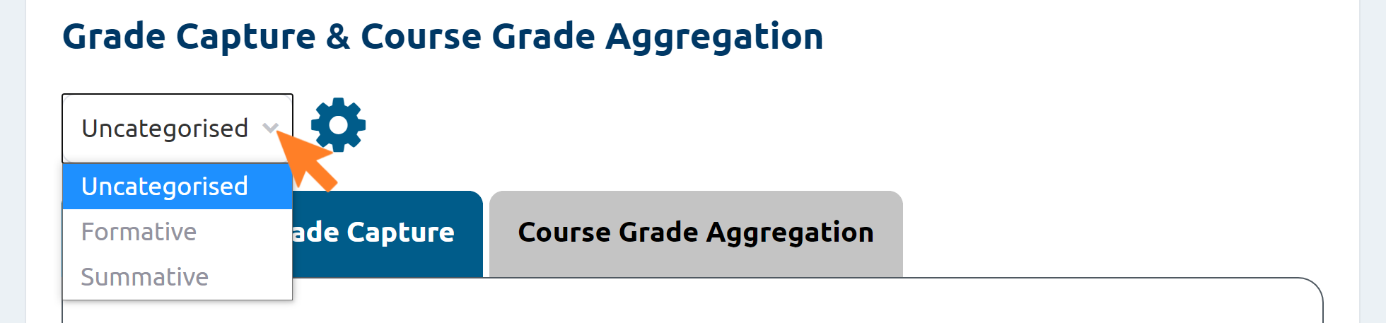 This is an image showing the Grade Capture Tool within which on the left hand side the Course Grade Category for the course wished to be viewed can be selected
