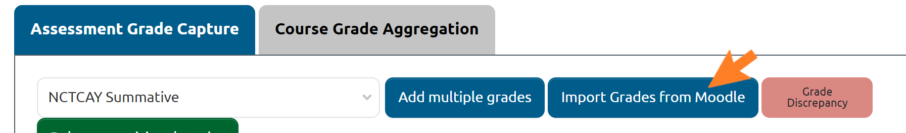 This is an image showing the Grade Capture Tool and the button which is to be clicked to import grades from Moodl