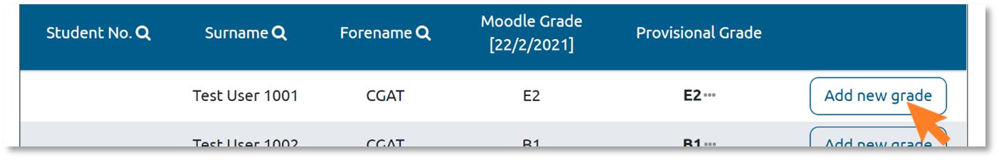 A screenshot of the Grade Capture Tool, with an orange arrow pointing at the option to add a new grade for a single student.