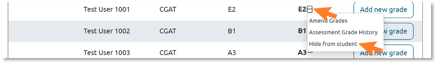 This is an image showing the Grade Capture Tool within which 3 dots next to a students provisional grade can be clicked to select to hide the grade from a student