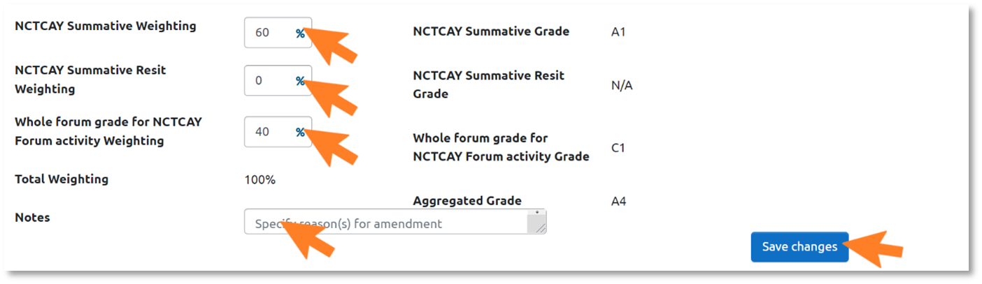 This is an image showing a pop-up window within the Course Grade Aggregation Tab within which the weightings of all summative assessments can be adjusted