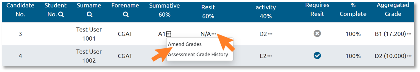 This is an image showing the Course Grade Aggregation tab within which 3 dots next to a students assessment grade can be clicked to amend the student's grade.