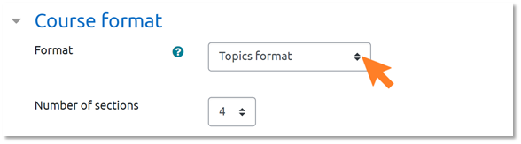 This is an image of the course format drop down menu with an arrow pointing towards a format field with topics format highlighted