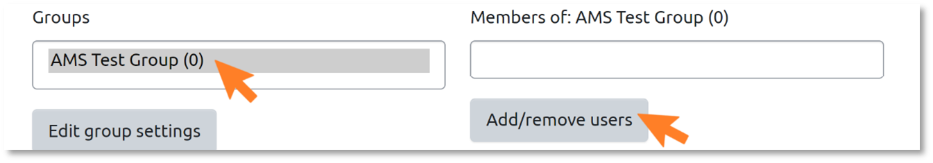 An image of the Group management section, with the column on the left showing how to select the group you want to amend and the column on the right indicating the Add/remove users button