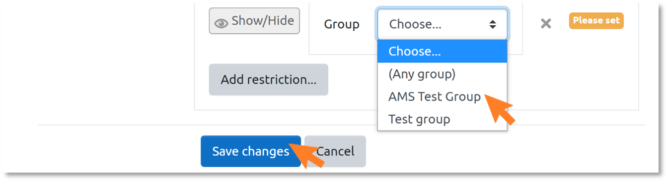 An image of a dropdown tab featuring Groups that can be chosen from - with arrows indicating the relevant Group and the 'Save Changes' button