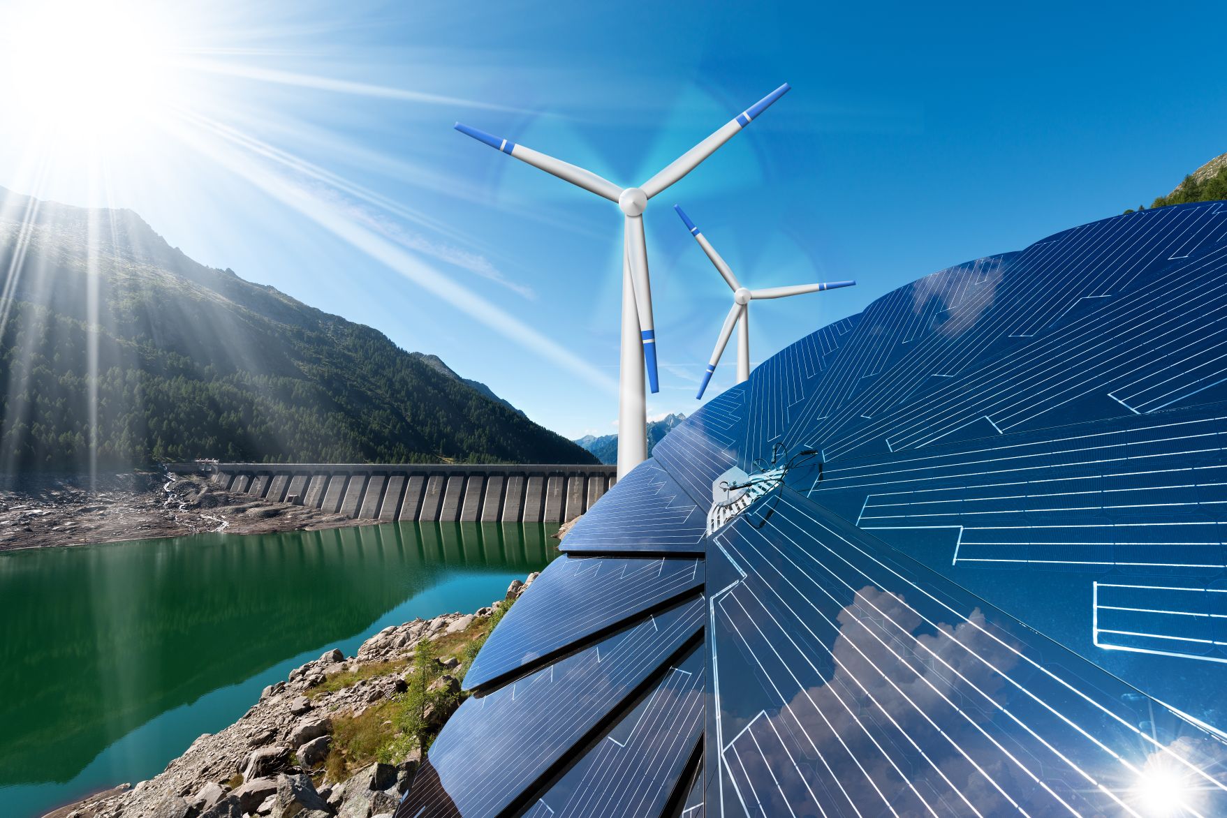 An image with solar panels, wind turbines and a Dam in the background
