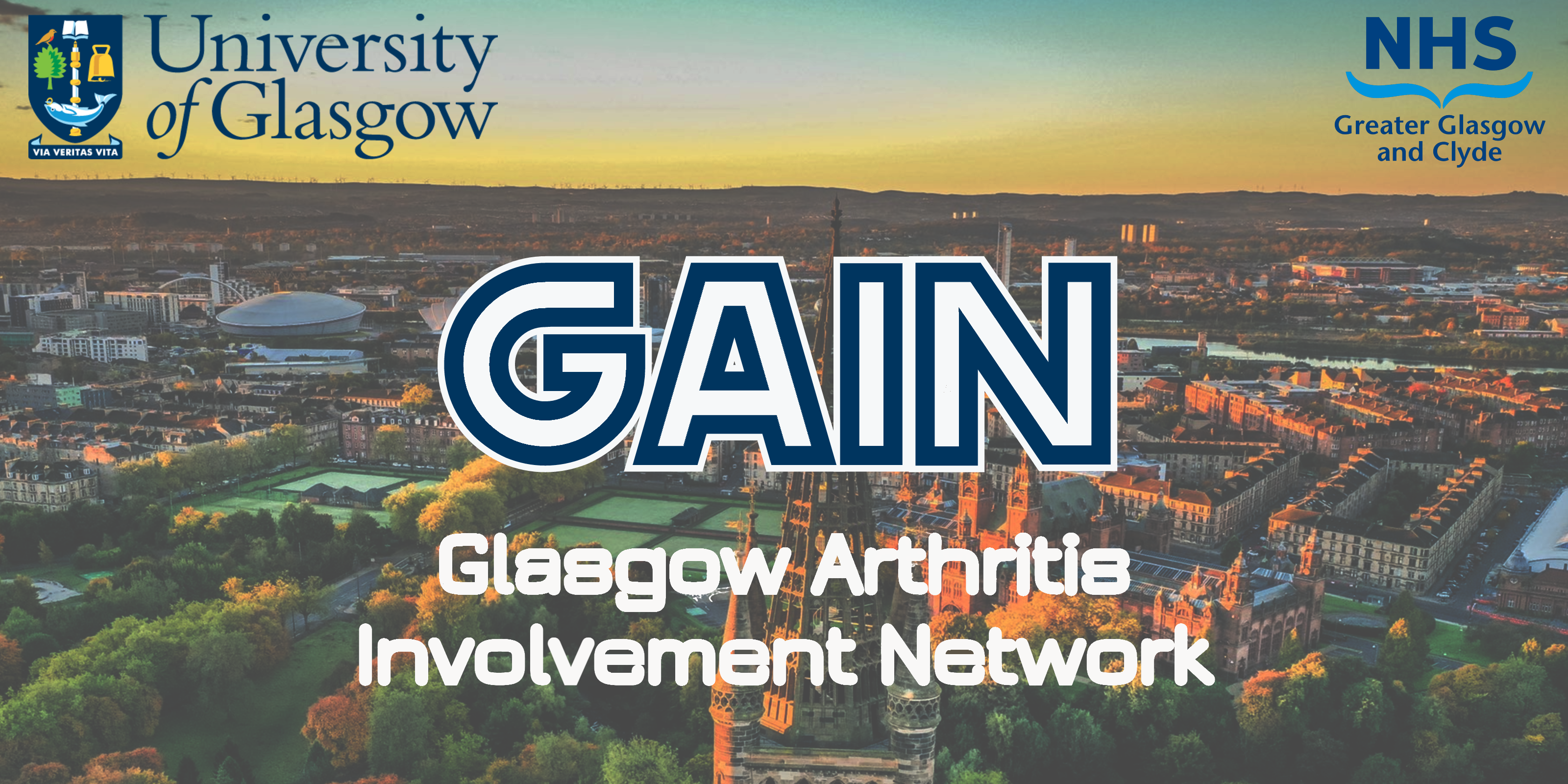 Gain logo white block logo on glasgow background