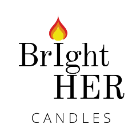 Text of BrightHer Candles where the I in Bright is a red and orange flame