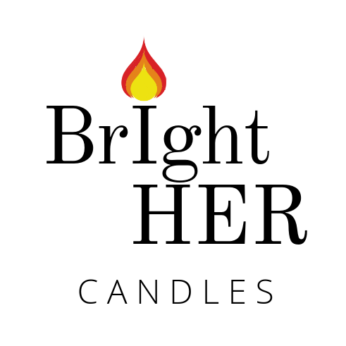 Text of BrightHer Candles where the I in Bright is a red and orange flame
