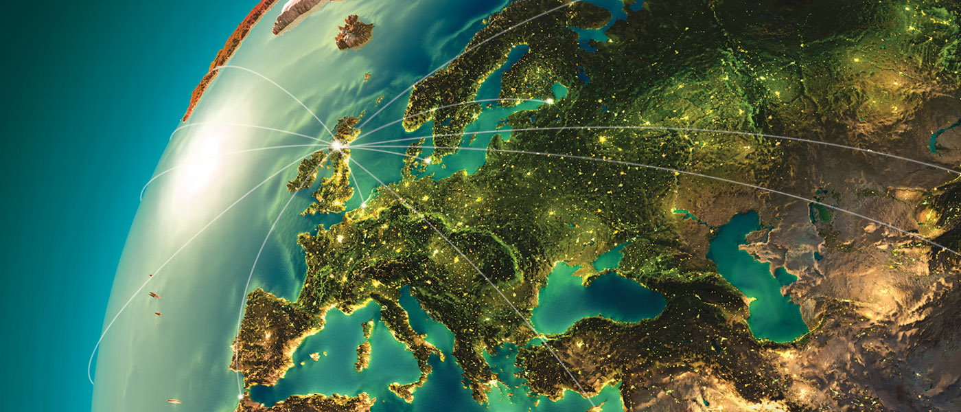 Image of Europe from space, showing flight paths from Glasgow. [Photo: Shutterstock]