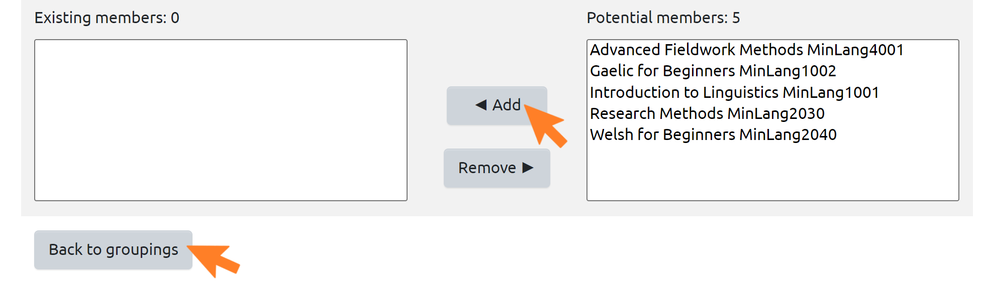 This image shows an arrow pointing to Add and another arrow Back to Grouping