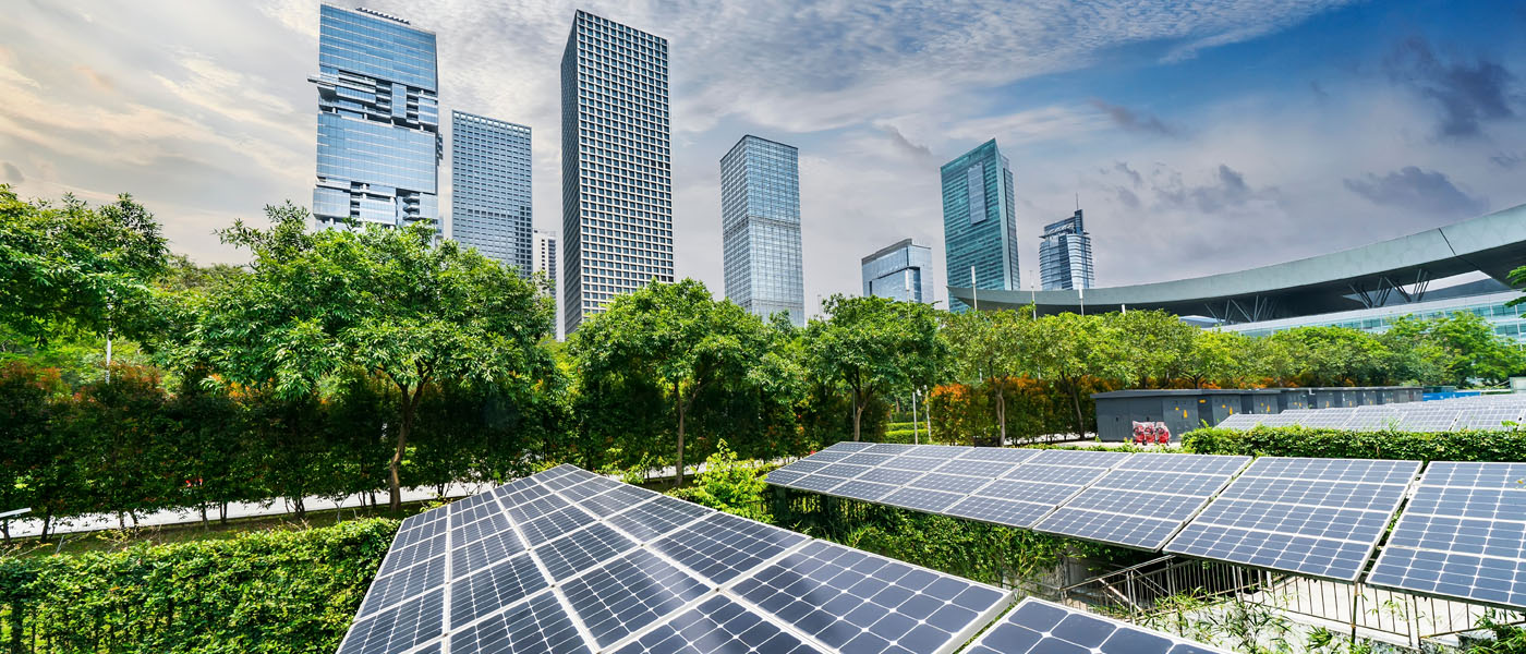 Skyscrapers and solar panels [Photo: Shutterstock]