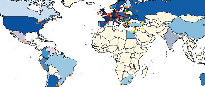 A world map indicating points of interest for Musical Modernism