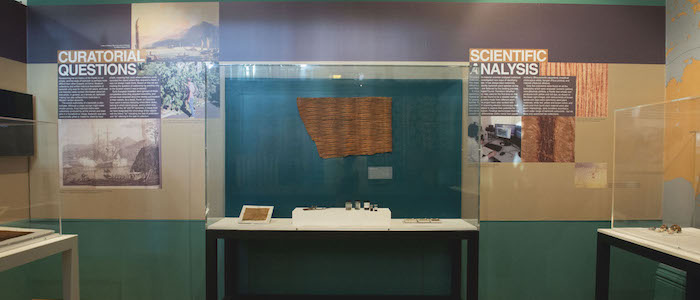Barkcloth artefacts on display during the Hunterian Museum exhibition