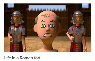 Cartoon-like figures: two romans in the background and a slave's face close in the foreground.  Title beneath reads: 