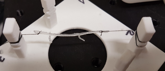 A 3D printed soft polymer artery is suspended in a cradle