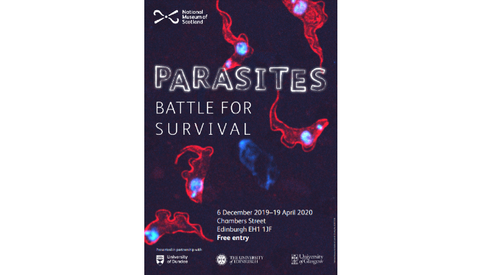 Parasites battle for survival poster featuring  stylised image of parasites in red on a navy blue background