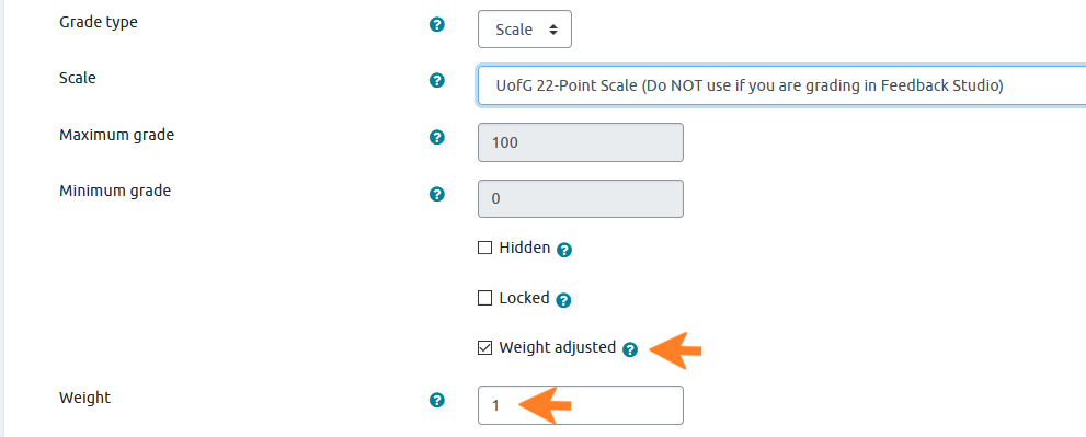 Screen showing 'Category total' settings in Moodle Gradebook. There is an orange arrow pointing to the 'Weight adjusted' option, for which the box is ticked. There is a second orange arrow pointing to the 'Weight' field, where '1' is entered. 