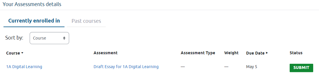 A screenshot of the 'Your Assessments details' block on the Student Dashboard, showing the entry for an assessment entitled, 