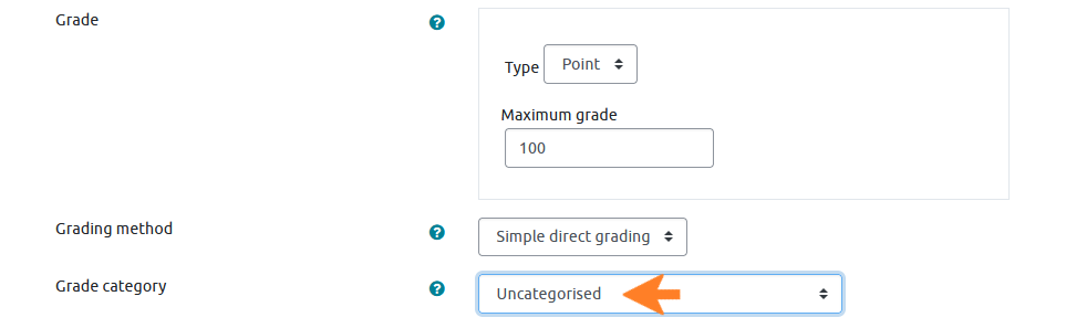 Screen showing the 'Grade' section in Moodle settings for adding a new Assignment. There is an orange arrow pointing at the 'Grade category' field, which displays 'Uncategorised'.