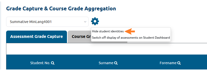 Screenshot of the Assessment Grade Capture tab in GCAT. The menu beside the settings cog has been expanded, and there is an orange arrow pointing towards 