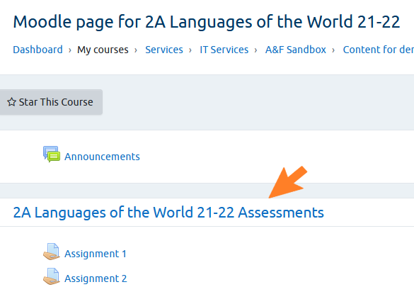 Screenshot of Moodle course page, with an orange arrow pointing to the topic name, 