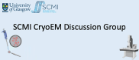 text: SCMI Cryo-EM discussion. Surrounded by diagrams of EM grids, pipette and microscope.