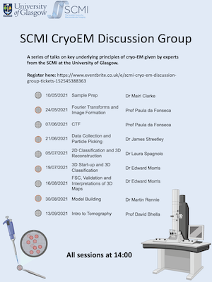 Poster showing the schedule for the SCMI Cryo-EM discussion group. The full schedule is reproduced in the accompanying article