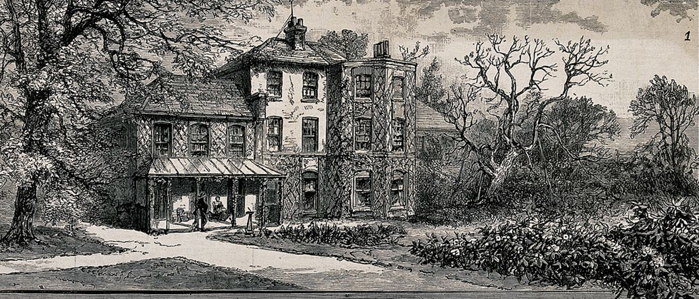  The house of Charles Darwin (Down House) in Kent. Wood engraving by J. R. Brown.