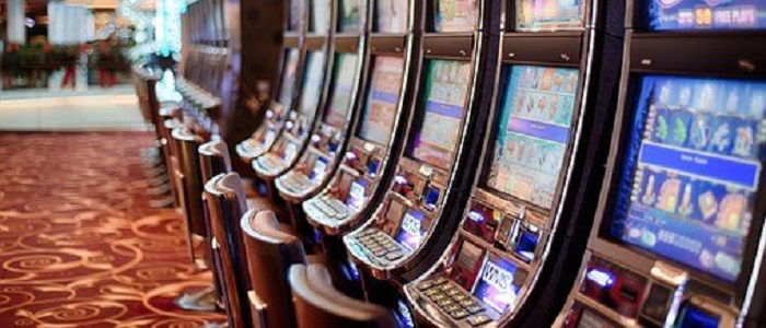 Angled view of a row of slot machines