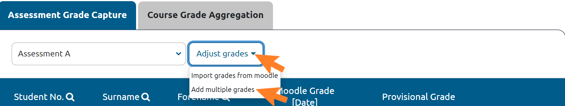 Grade adjustment dropdown menu, with 'Add multiple grades' highlighted with an arrow