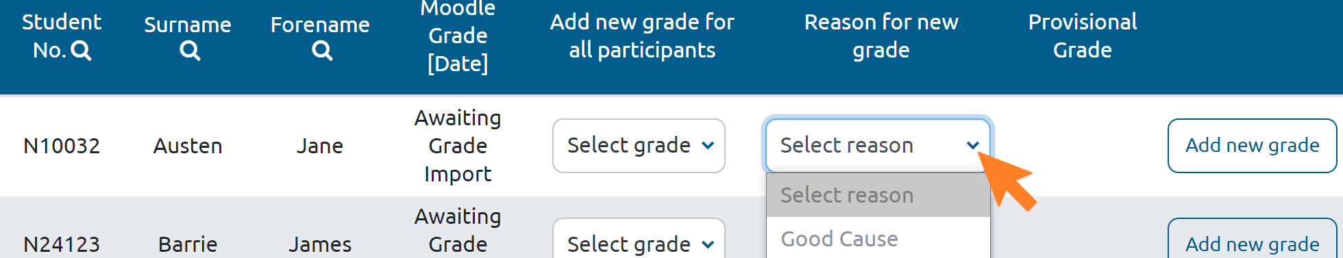 Individual student grade field, with 'Reason for new grade' dropdown menu open and highlighted with an arrow