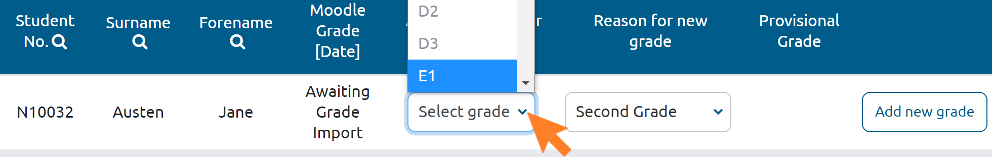 Individual student grade field, with 'Add new grade for all participants' dropdown menu open and highlighted and the dropdown menu for selecting a new grade highlighted with an arrow