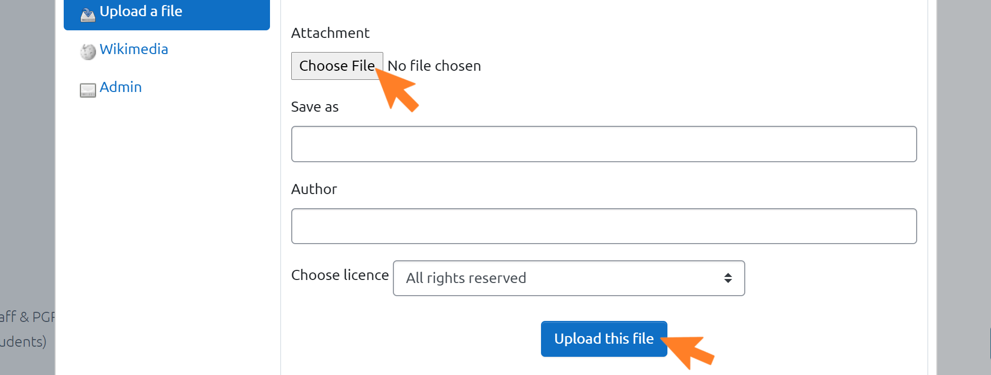 CSV upload page, with 'Choose file' and 'upload file' buttons highlighted with arrows