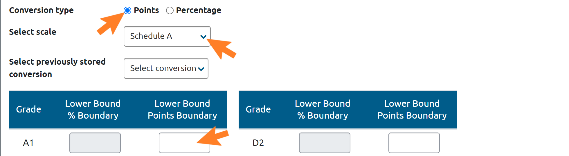 Grade conversion screen, with 'Conversion type' radio button options highlighted, 'Select Scale' drop down menu highlighted and 'Lower Bound Points Boundary' field highlighted