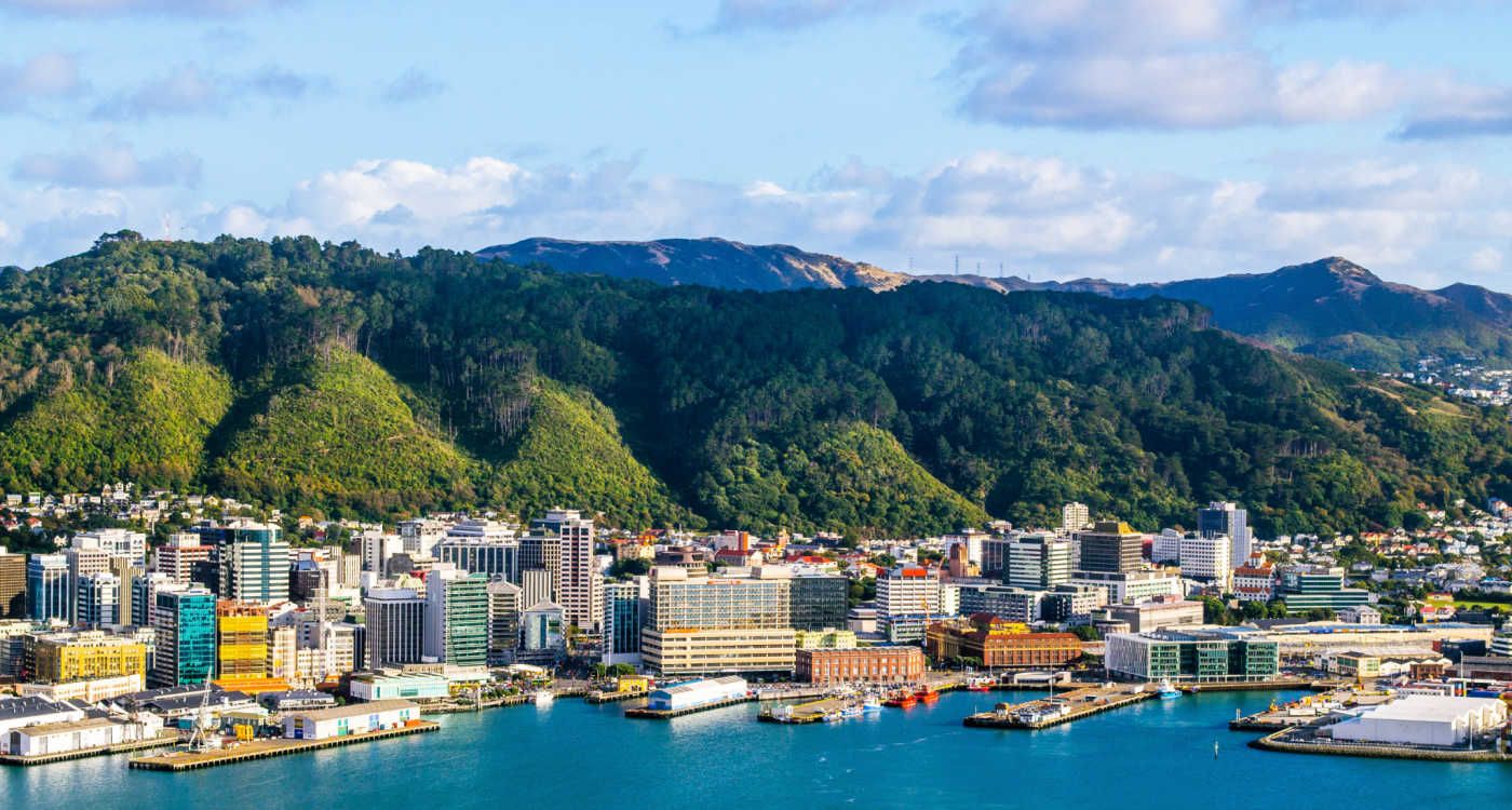 Aerial view of Wellington Harbour with the hills and blue sky in the background [Photo: Shutterstock]