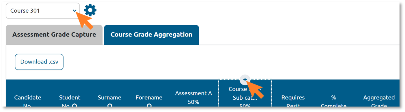 Course grade aggregation interface, with arrows highlighting the course selection dropdown and sub category assessments information column