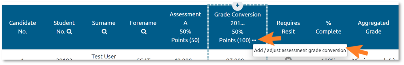 Header of Course Grade Aggregation screen, with arrows highlighting the 'Grade conversion' header options and 'Add/adjust assessment grade conversion' sub-menu option