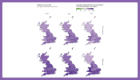 Maps divided into Scotland, Wales, and regions of England (northeast and Yorkshire, northwest, midlands, east, southeast, southwest, and London). Purple shading of regions represents the percentage of patients who received antimicrobial therapy during their hospital admission, stratified by month of admission (March, April, and May) and by level of care (ward-level or critical care).