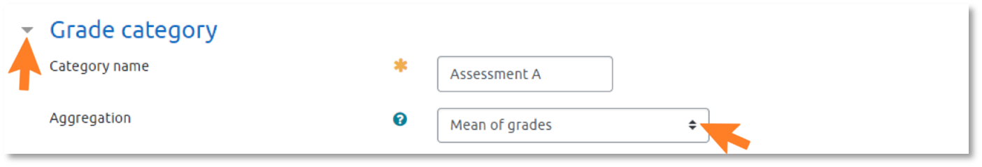 Grade category interface, aggregation method dropdown menu highlighted by arrow